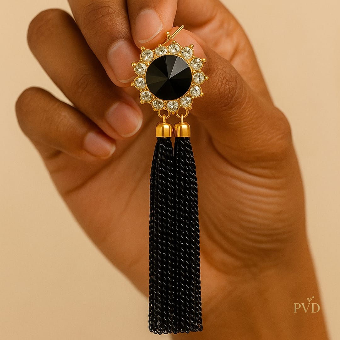 Long Black Chain Tassel Earrings with Gold & Crystal Embellishment | PVD Jewellery