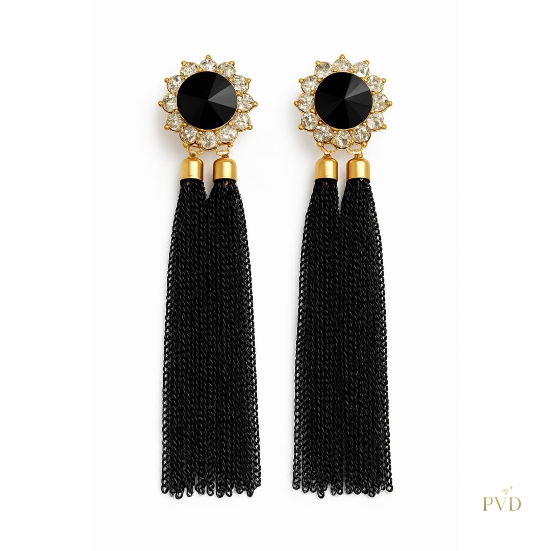 Long Black Chain Tassel Earrings with Gold & Crystal Embellishment | PVD Jewellery