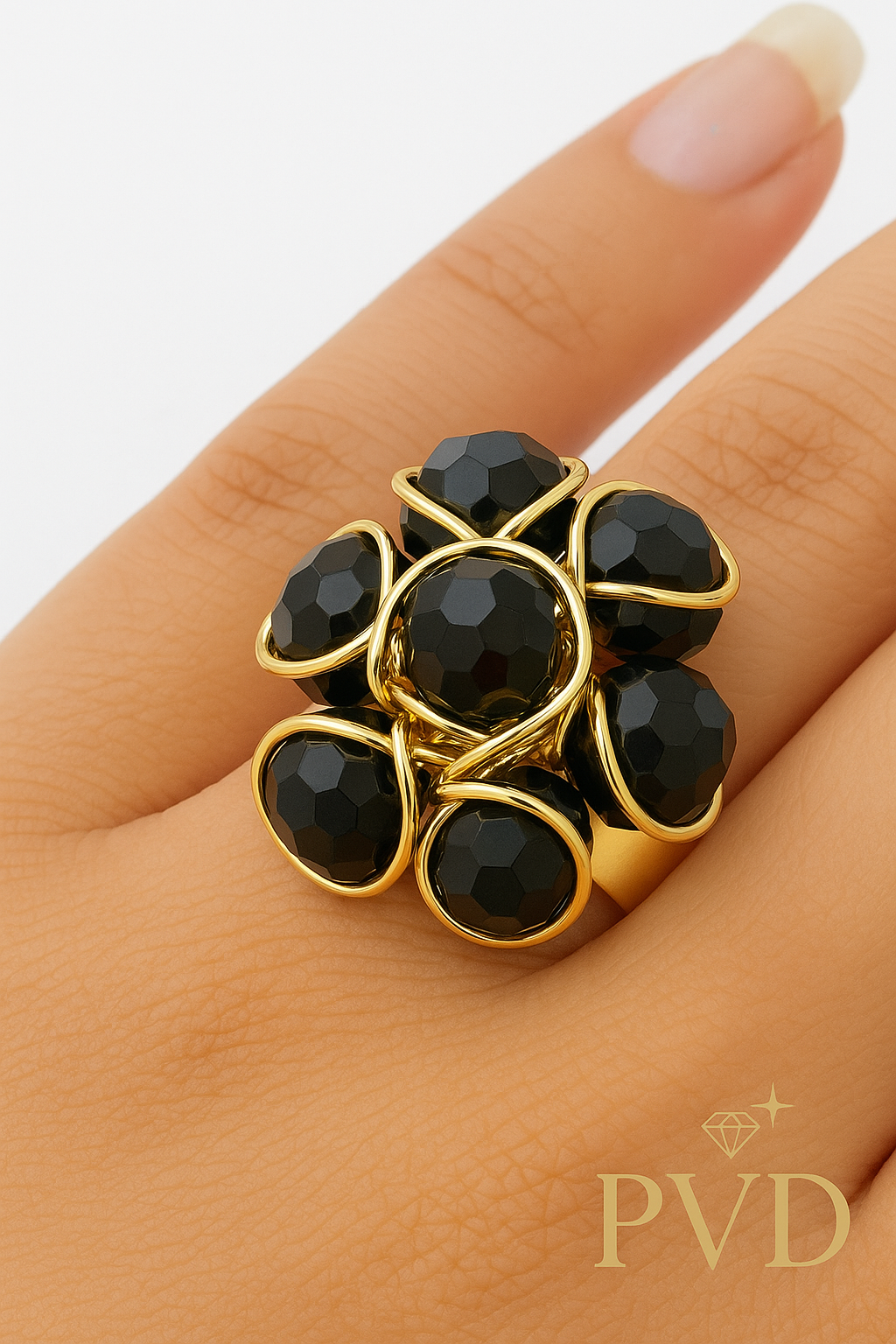 Midnight Bloom Cocktail Ring - Black Crystal Cluster & Gold Finish (Adjustable)| PVD Jewellery