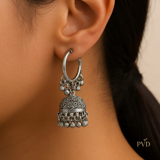 Traditional Oxidized Silver Jhumkas with Chandbali Hoops | PVD Jewellery