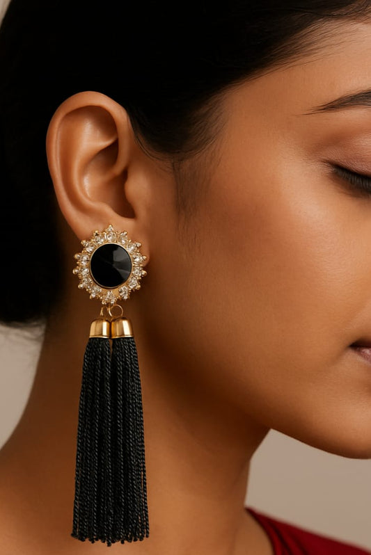 Long Black Chain Tassel Earrings with Gold & Crystal Embellishment | PVD Jewellery
