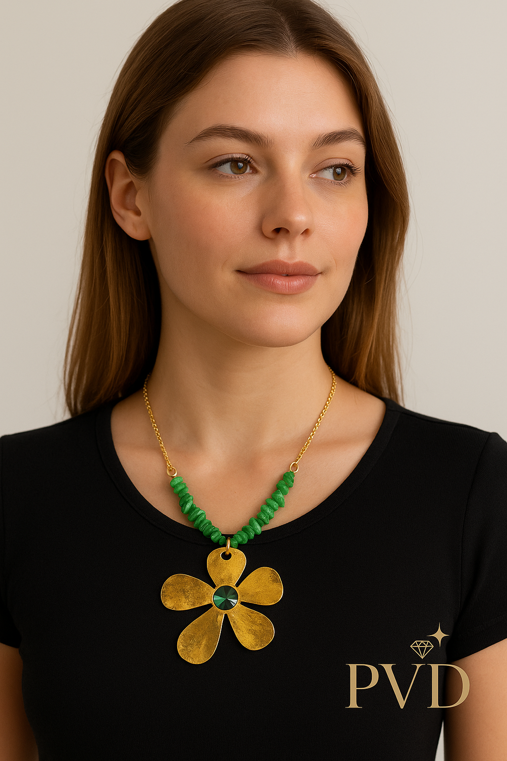 Vibrant Bloom Necklace - Green Beads & Gold Finish Flower Pendant | PVD Jewellery
