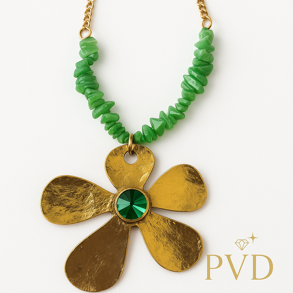 Vibrant Bloom Necklace - Green Beads & Gold Finish Flower Pendant | PVD Jewellery