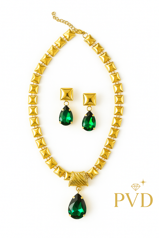 Regal Emerald Green & Gold Choker Set - Heartbeat Moments Collection | PVD Jewellery