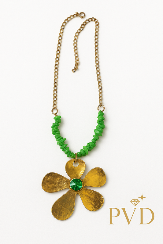 Vibrant Bloom Necklace - Green Beads & Gold Finish Flower Pendant | PVD Jewellery