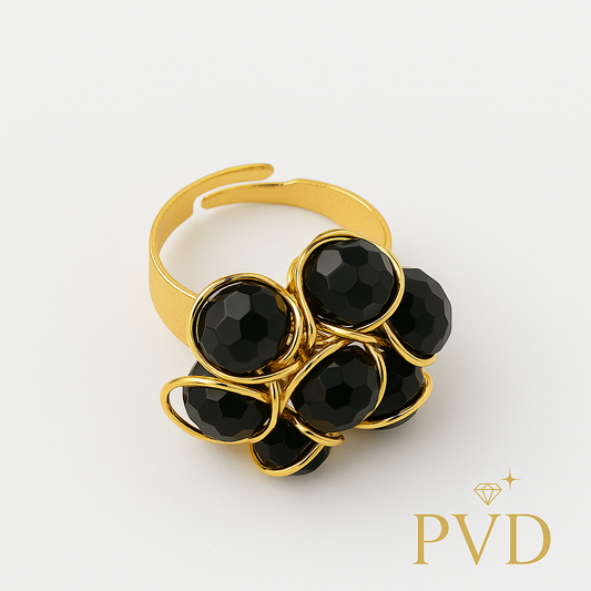 Midnight Bloom Cocktail Ring - Black Crystal Cluster & Gold Finish (Adjustable)| PVD Jewellery